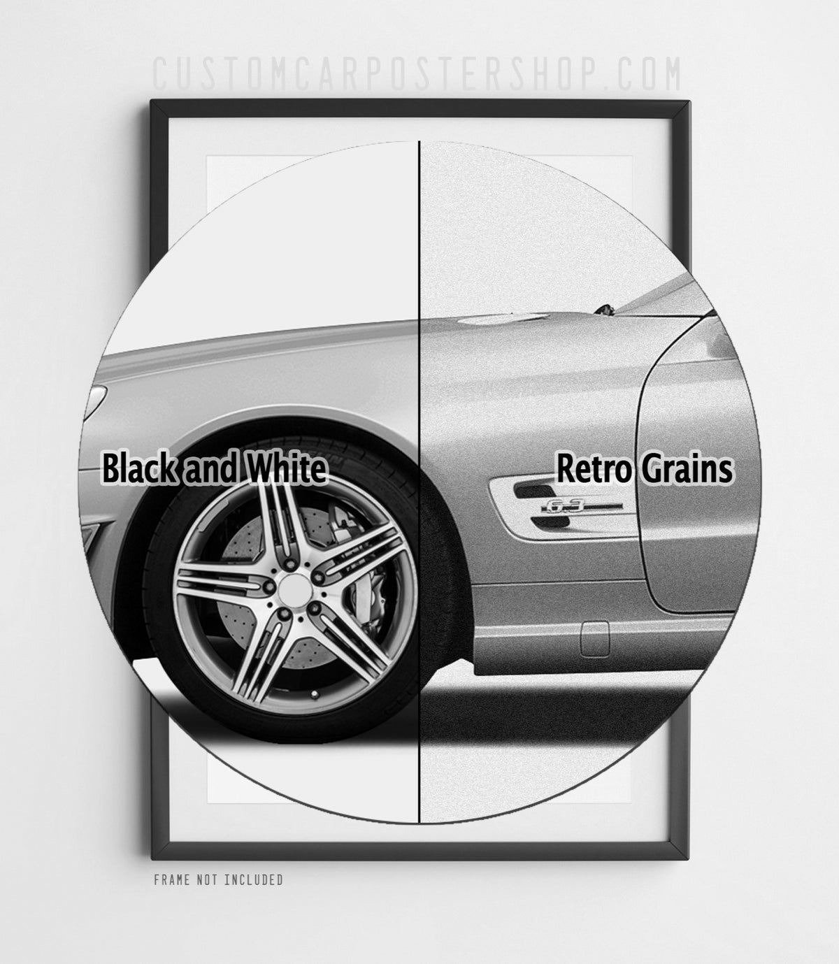 Black-and-white version of the remastered Mercedes-Benz SL 63 AMG “Seven gears and seven sins” print ad featuring an R230 roadster.