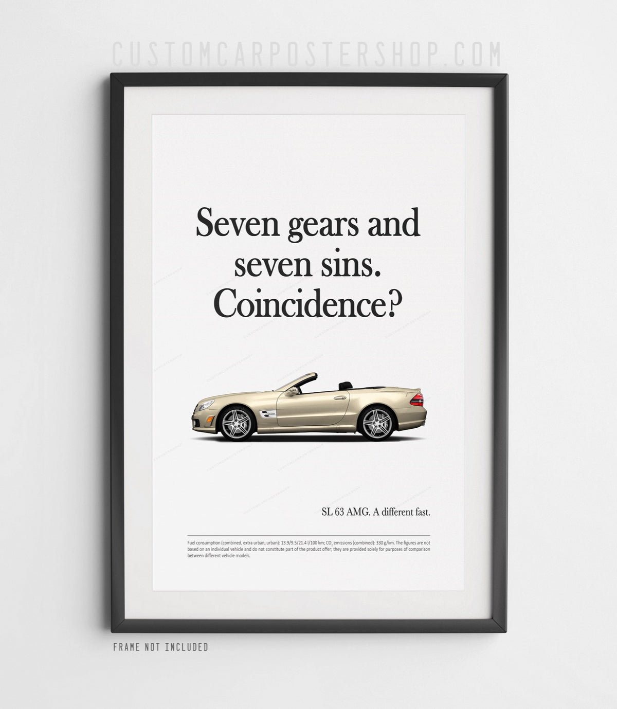 Remastered Mercedes-Benz SL 63 AMG “Seven gears and seven sins” print advertisement poster featuring a gold R230 roadster in side profile.