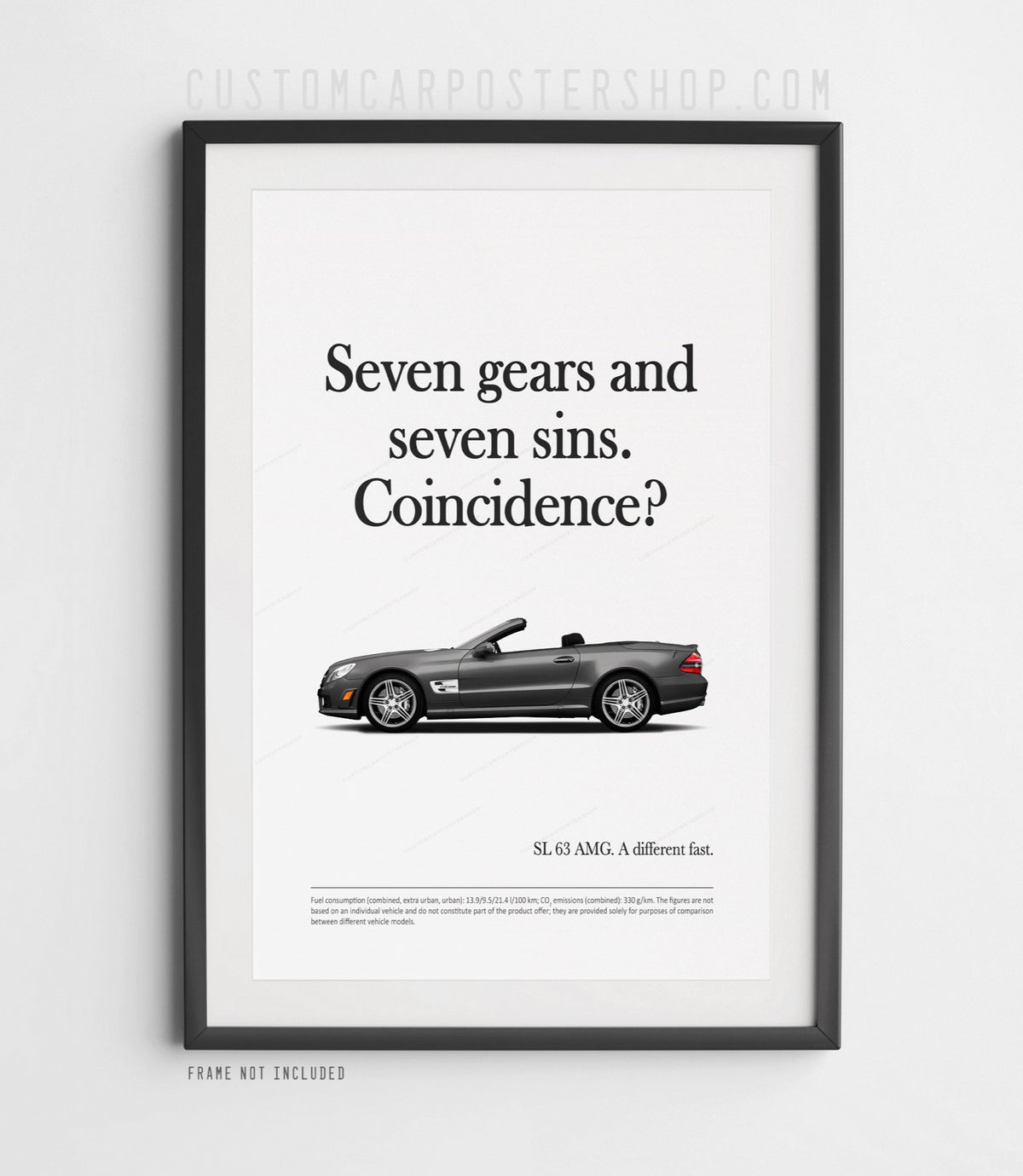Remastered Mercedes-Benz SL 63 AMG “Seven gears and seven sins” print advertisement poster featuring a grey R230 roadster in side profile.