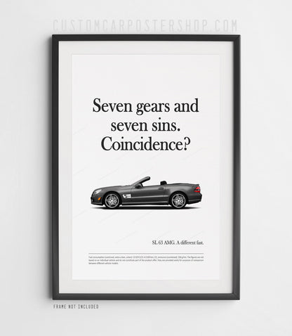 Remastered Mercedes-Benz SL 63 AMG “Seven gears and seven sins” print advertisement poster featuring a grey R230 roadster in side profile.