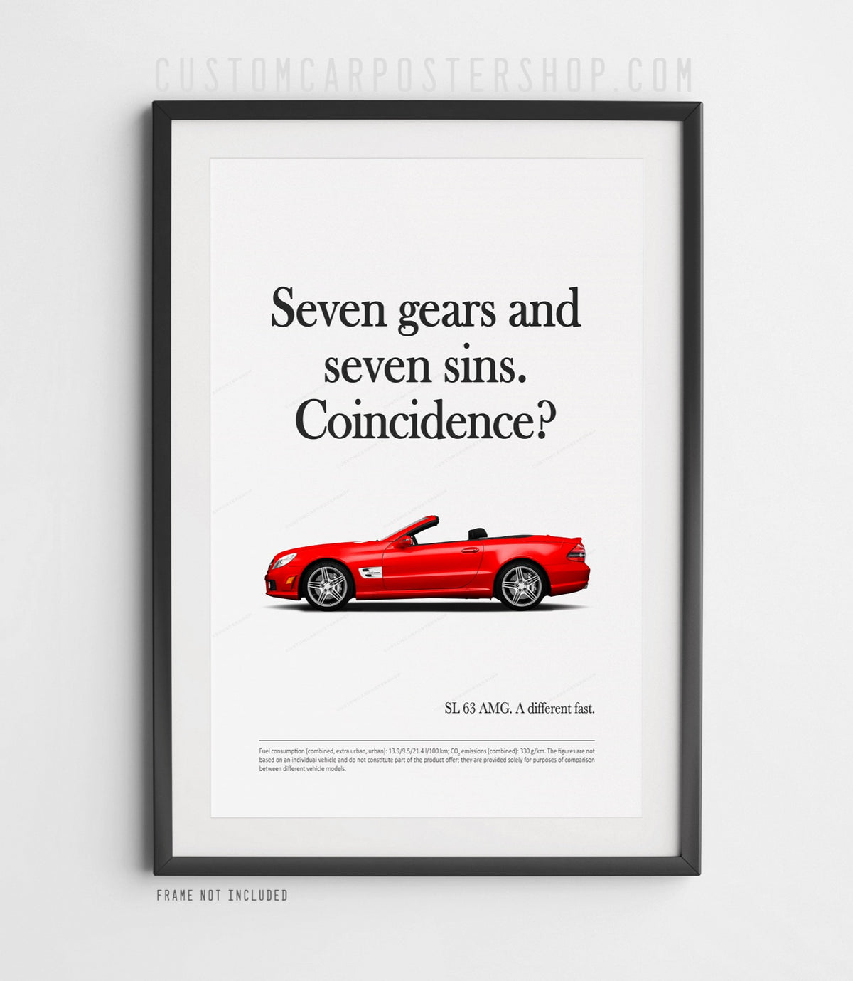 Remastered Mercedes-Benz SL 63 AMG “Seven gears and seven sins” print advertisement poster featuring a red R230 roadster in side profile.