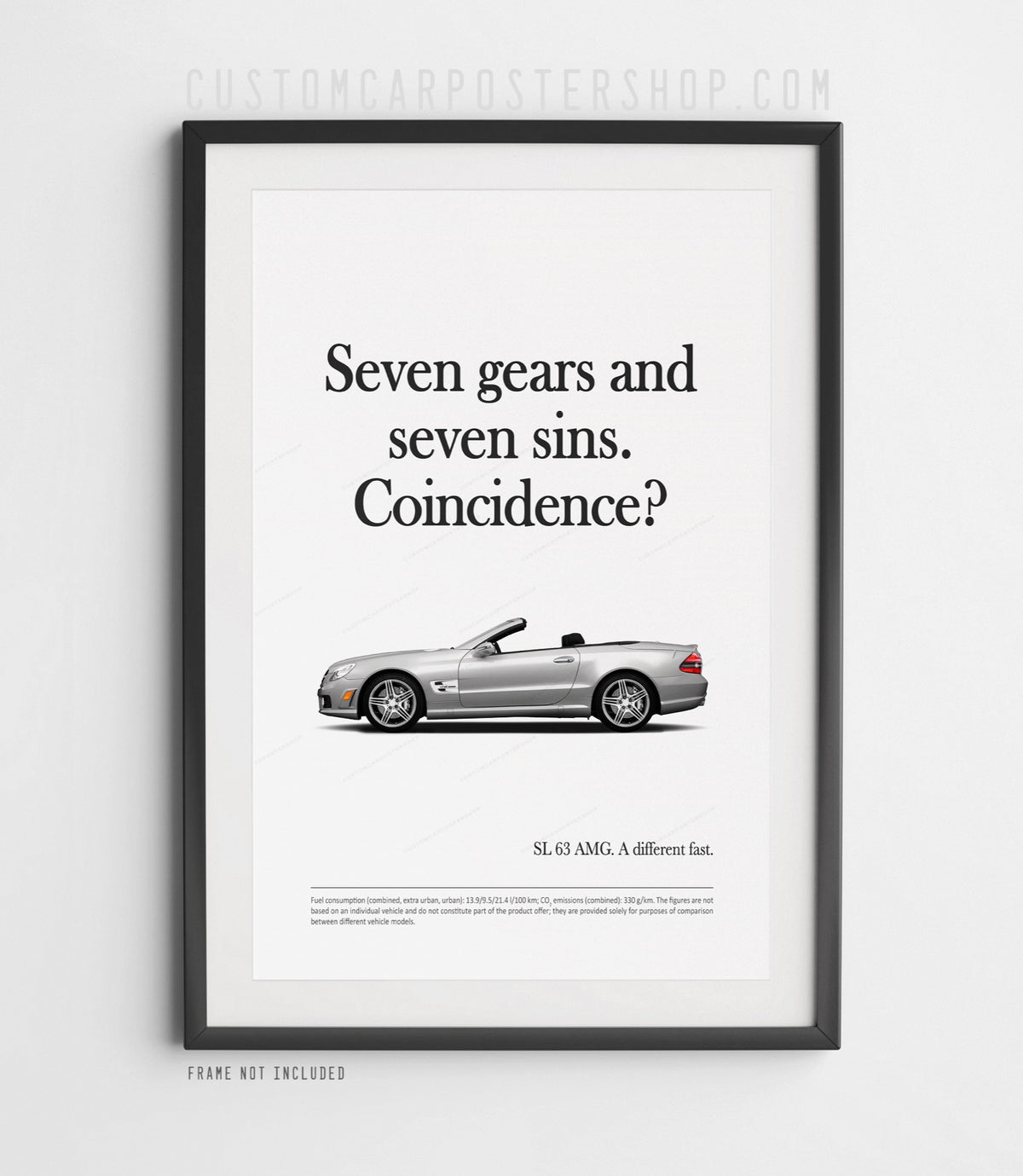 Remastered Mercedes-Benz SL 63 AMG “Seven gears and seven sins” print advertisement poster featuring a silver R230 roadster in side profile.