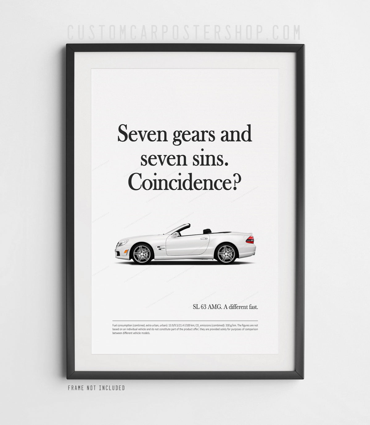 Remastered Mercedes-Benz SL 63 AMG “Seven gears and seven sins” print advertisement poster featuring a white R230 roadster in side profile.