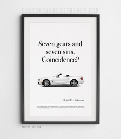 Remastered Mercedes-Benz SL 63 AMG “Seven gears and seven sins” print advertisement poster featuring a white R230 roadster in side profile.