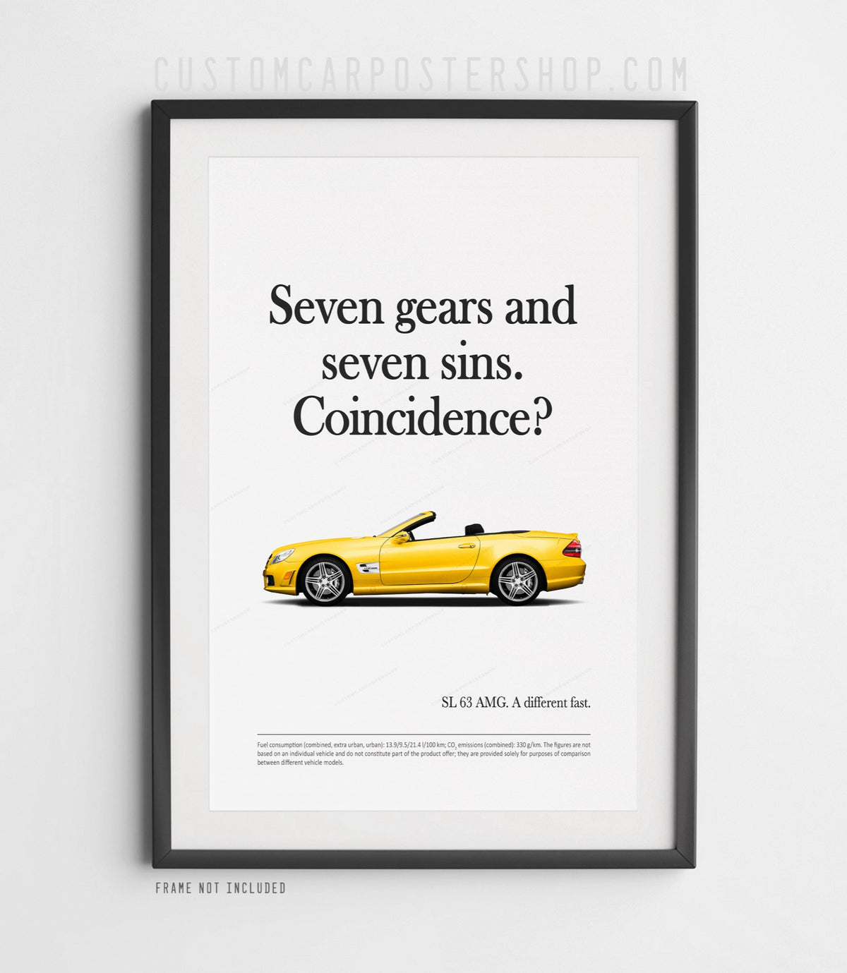 Remastered Mercedes-Benz SL 63 AMG “Seven gears and seven sins” print advertisement poster featuring a yellow R230 roadster in side profile.