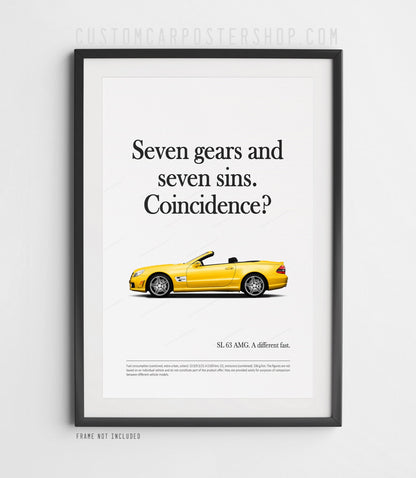 Remastered Mercedes-Benz SL 63 AMG “Seven gears and seven sins” print advertisement poster featuring a yellow R230 roadster in side profile.