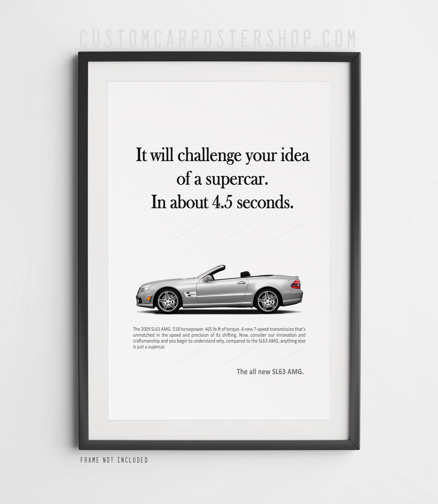 Remastered Mercedes-Benz SL63 AMG R230 poster with convertible top down – high-resolution AMG print ad wall art for garage, office, or car lover gift.