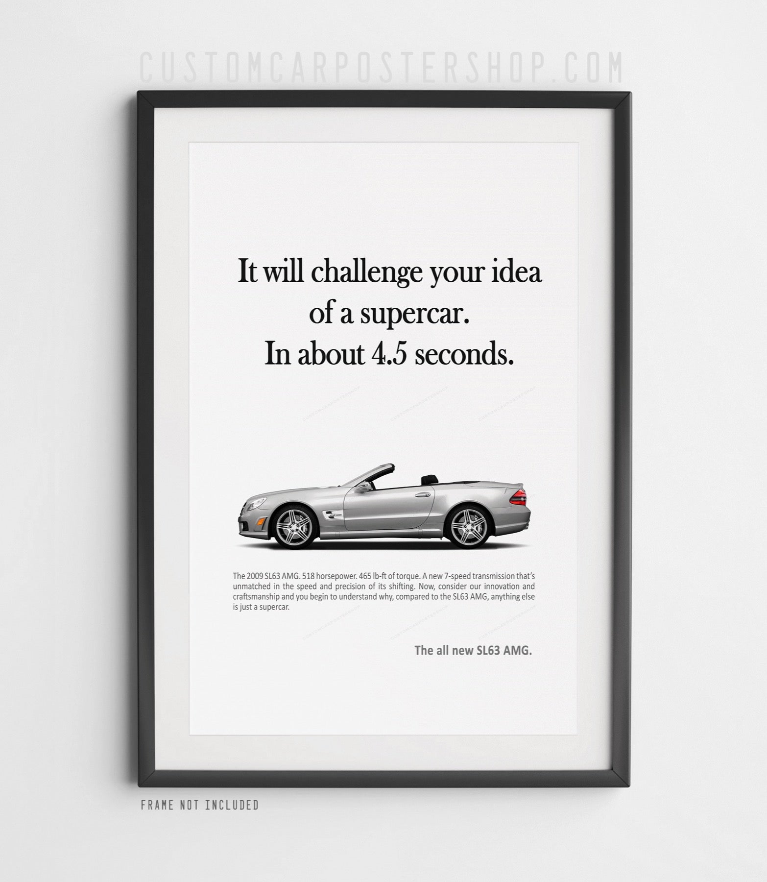 Remastered Mercedes-Benz SL63 AMG R230 poster with convertible top down – high-resolution AMG print ad wall art for garage, office, or car lover gift.