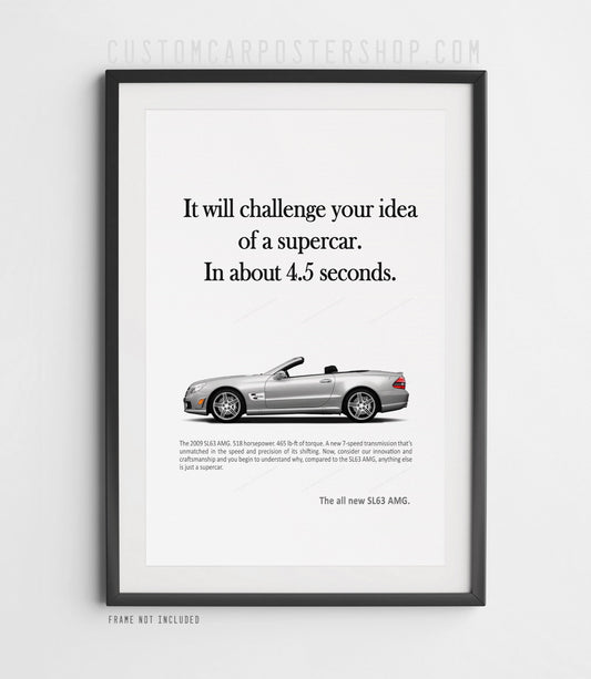 Remastered Mercedes-Benz SL63 AMG R230 poster with convertible top down – high-resolution AMG print ad wall art for garage, office, or car lover gift.