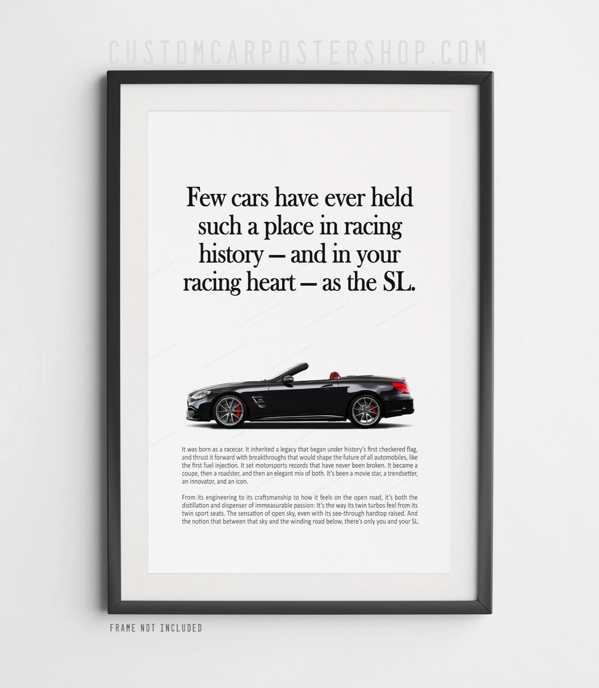 Remastered Mercedes-Benz SL 63 AMG “Racing History” print advertisement poster featuring a black R231 roadster in side profile.