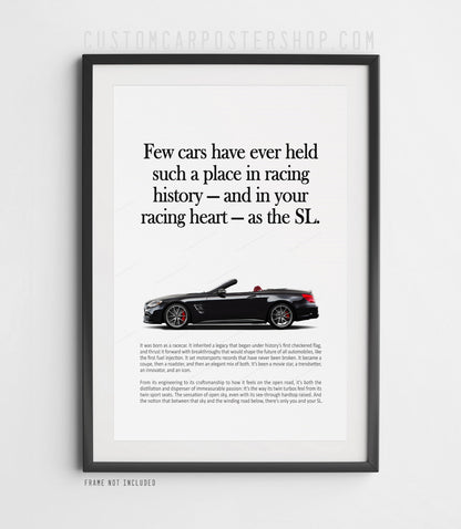 Remastered Mercedes-Benz SL 63 AMG “Racing History” print advertisement poster featuring a black R231 roadster in side profile.