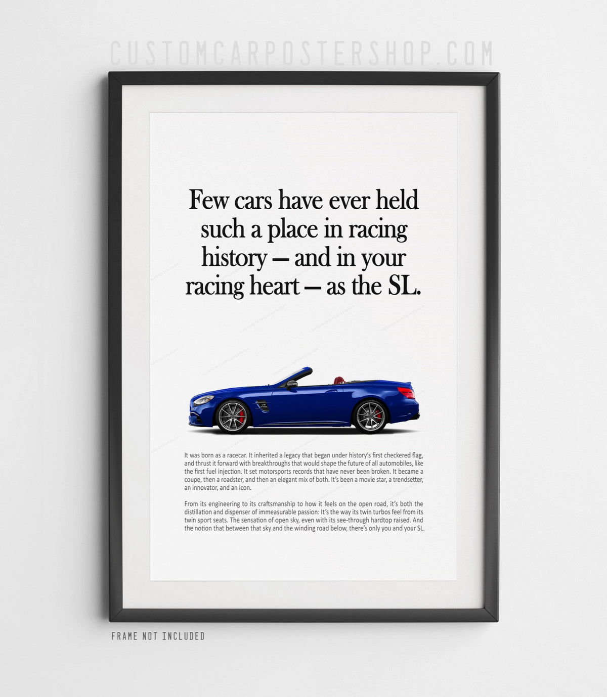 Remastered Mercedes-Benz SL 63 AMG “Racing History” print advertisement poster featuring a blue R231 roadster in side profile.