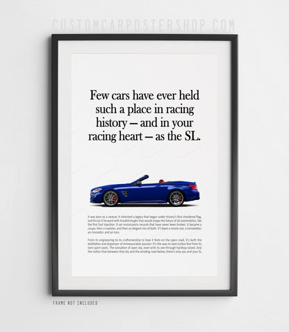 Remastered Mercedes-Benz SL 63 AMG “Racing History” print advertisement poster featuring a blue R231 roadster in side profile.