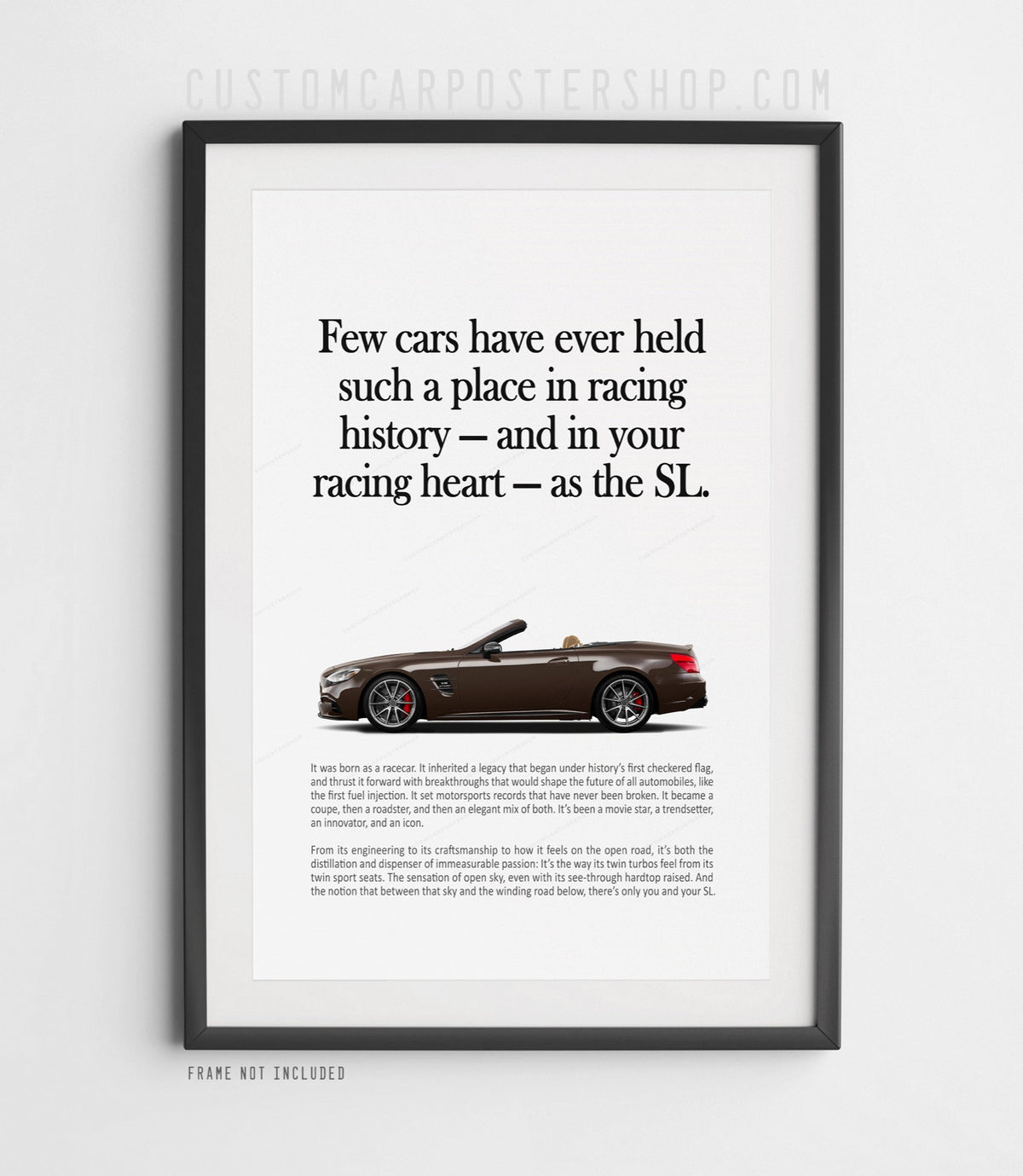 Remastered Mercedes-Benz SL 63 AMG “Racing History” print advertisement poster featuring a brown R231 roadster in side profile.