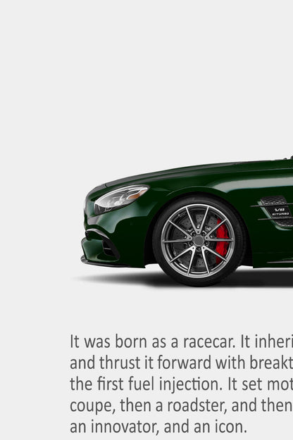 Close-up detail of the remastered Mercedes-Benz SL 63 AMG “Racing History” print ad showing the dark green R231 front end and body copy.
