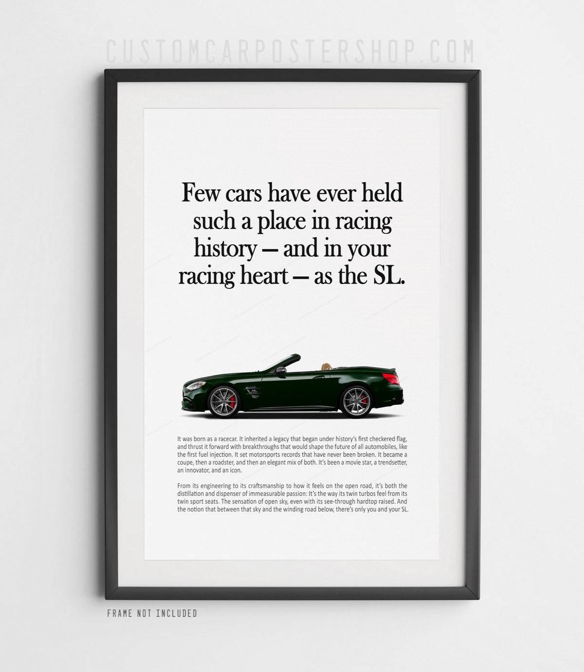 Remastered Mercedes-Benz SL 63 AMG “Racing History” print advertisement poster featuring a green R231 roadster in side profile.