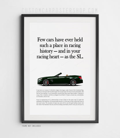 Remastered Mercedes-Benz SL 63 AMG “Racing History” print advertisement poster featuring a green R231 roadster in side profile.