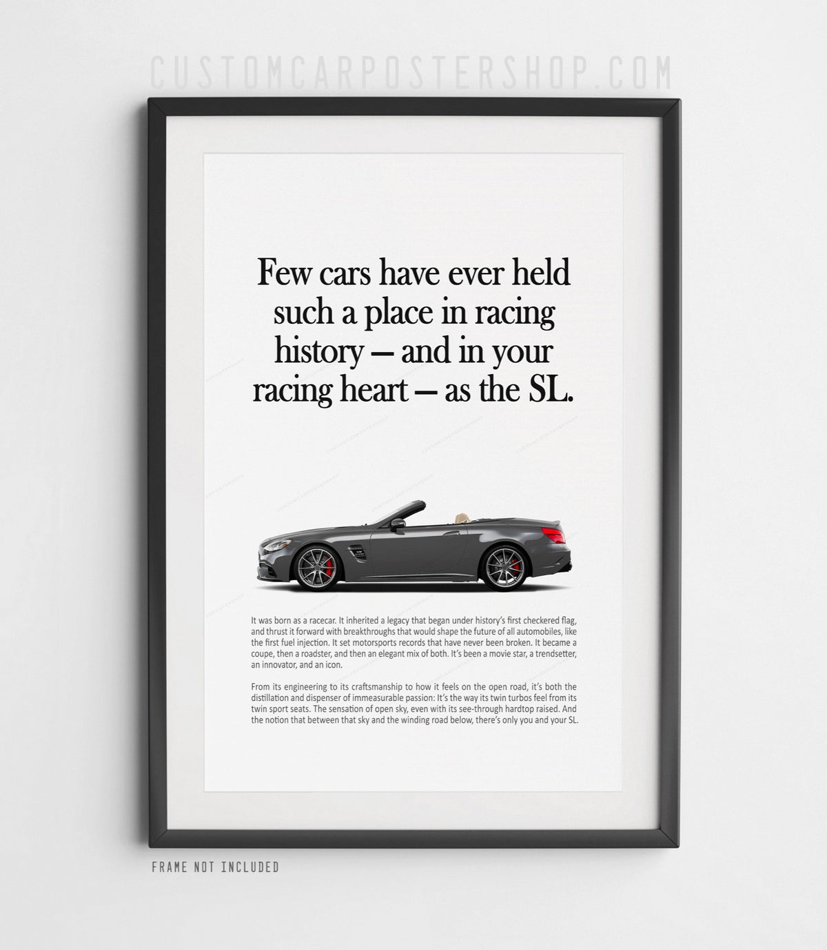 Remastered Mercedes-Benz SL 63 AMG “Racing History” print advertisement poster featuring a grey R231 roadster in side profile.