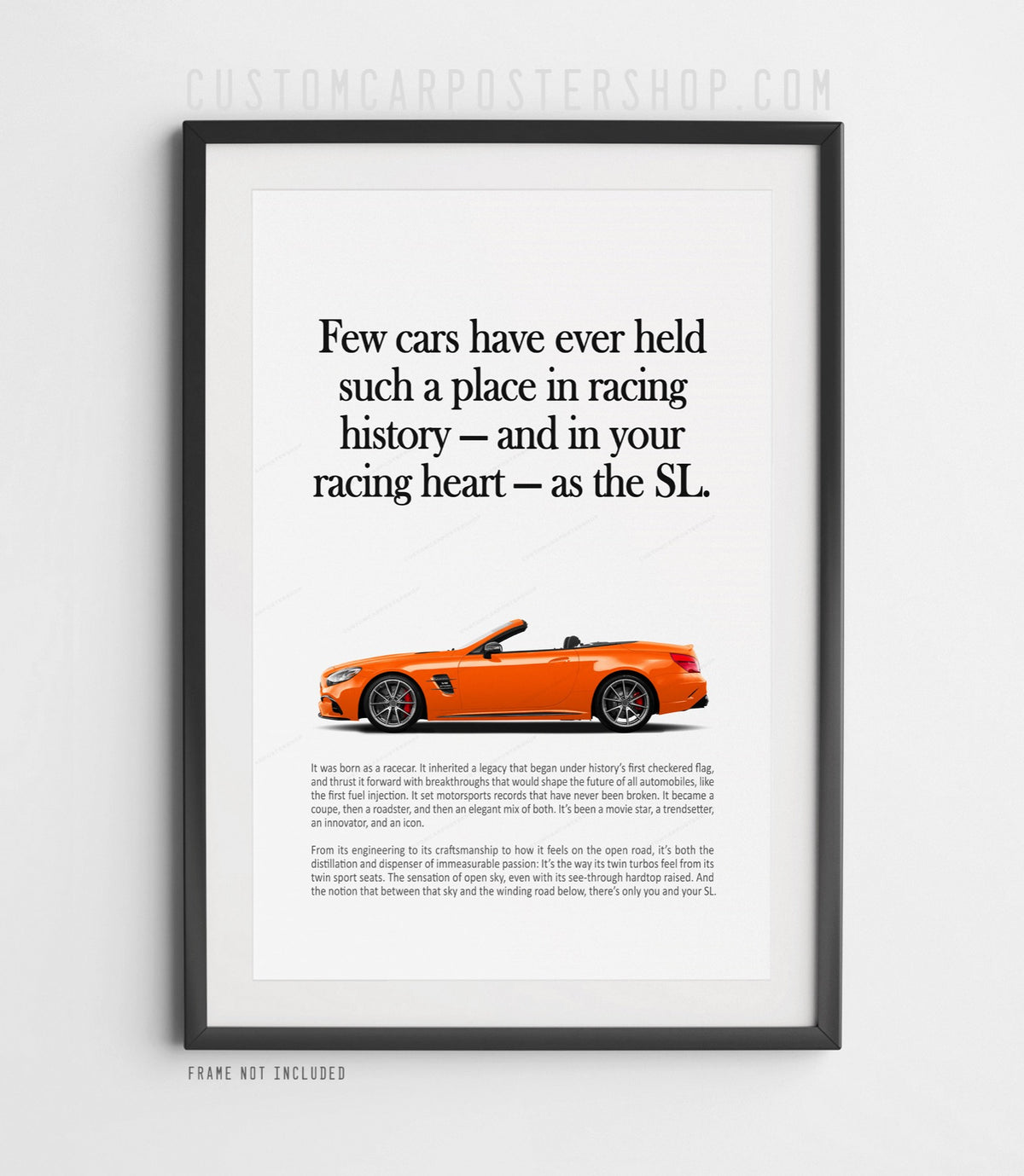 Remastered Mercedes-Benz SL 63 AMG “Racing History” print advertisement poster featuring an orange R231 roadster in side profile.