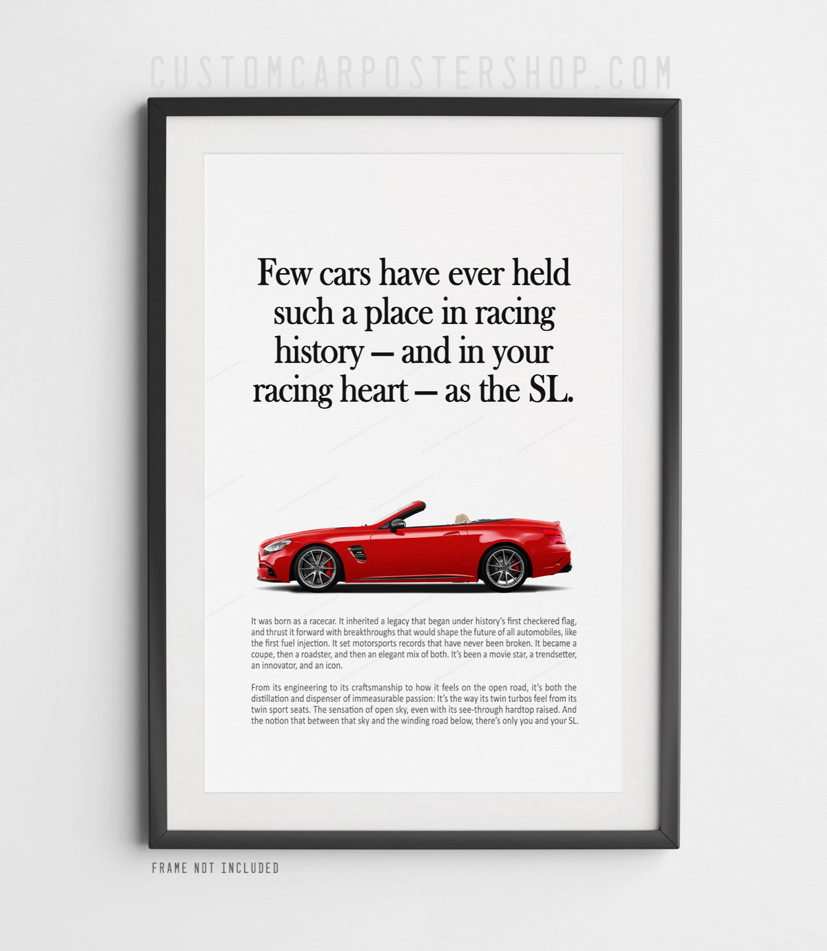 Remastered Mercedes-Benz SL 63 AMG “Racing History” print advertisement poster featuring a red R231 roadster in side profile.