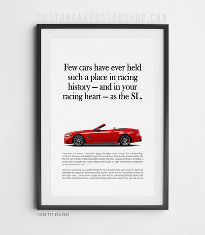 Remastered Mercedes-Benz SL 63 AMG “Racing History” print advertisement poster featuring a red R231 roadster in side profile.