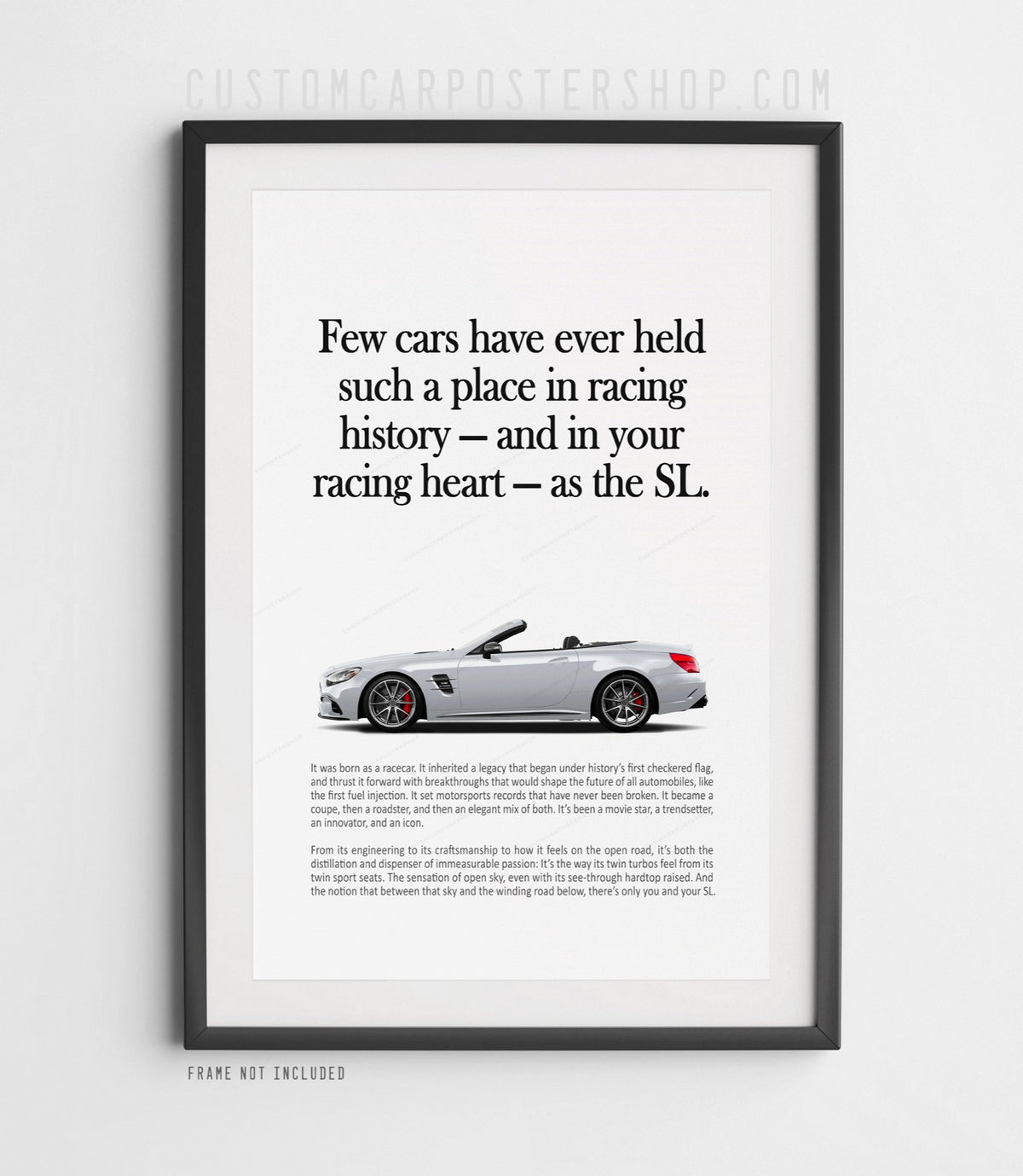 Remastered Mercedes-Benz SL 63 AMG “Racing History” print advertisement poster featuring a silver R231 roadster in side profile.