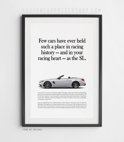 Remastered Mercedes-Benz SL 63 AMG “Racing History” print advertisement poster featuring a silver R231 roadster in side profile.