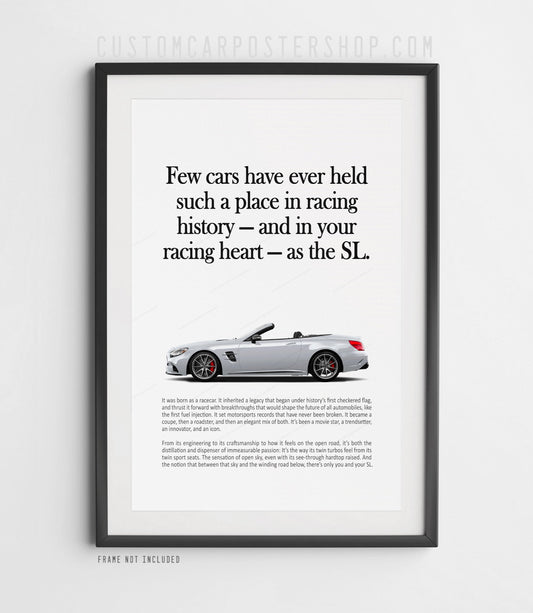 Remastered Mercedes-Benz SL 63 AMG “Racing History” print advertisement poster featuring a silver R231 roadster in side profile.