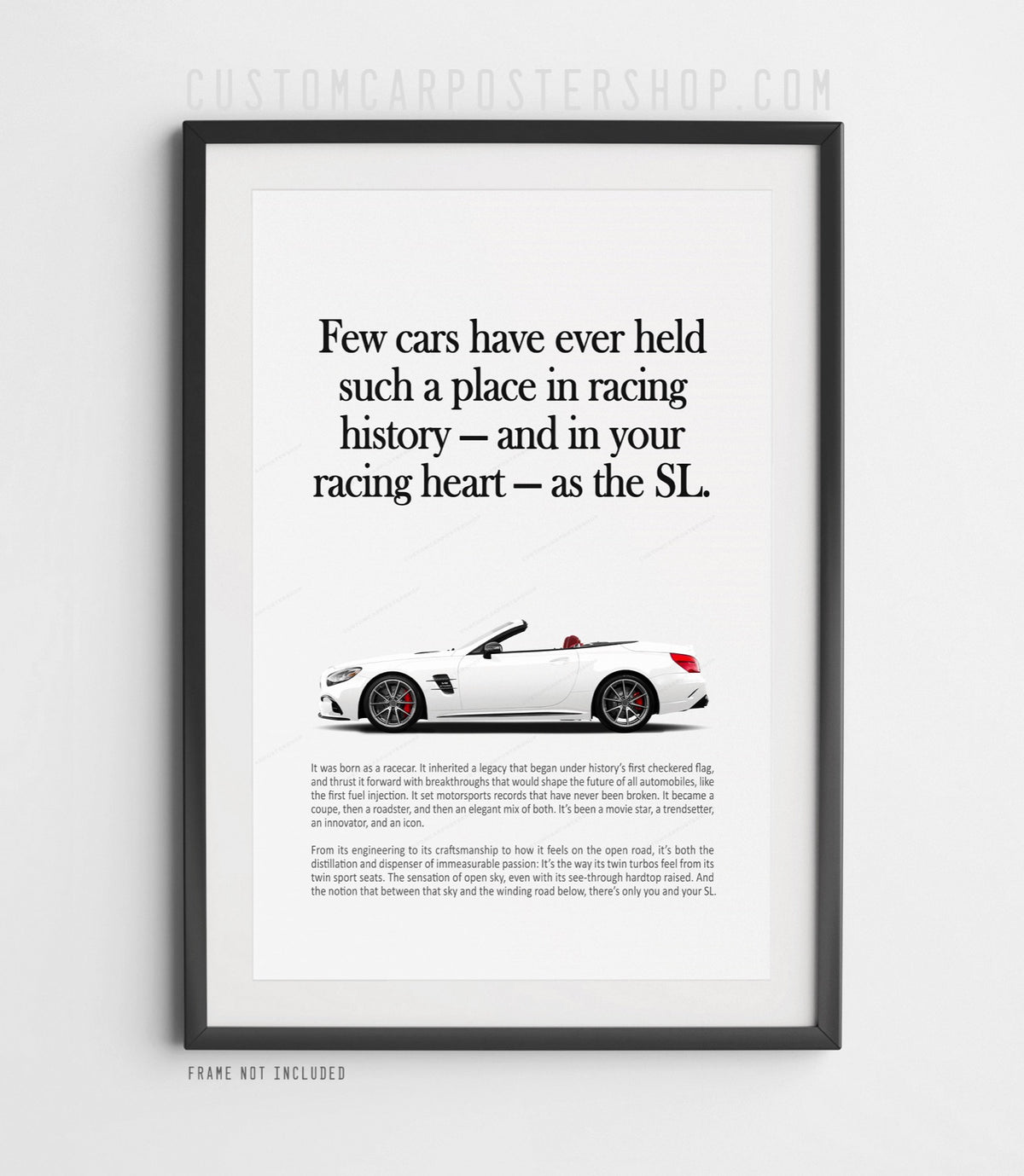 Remastered Mercedes-Benz SL 63 AMG “Racing History” print advertisement poster featuring a white R231 roadster in side profile.