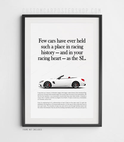 Remastered Mercedes-Benz SL 63 AMG “Racing History” print advertisement poster featuring a white R231 roadster in side profile.