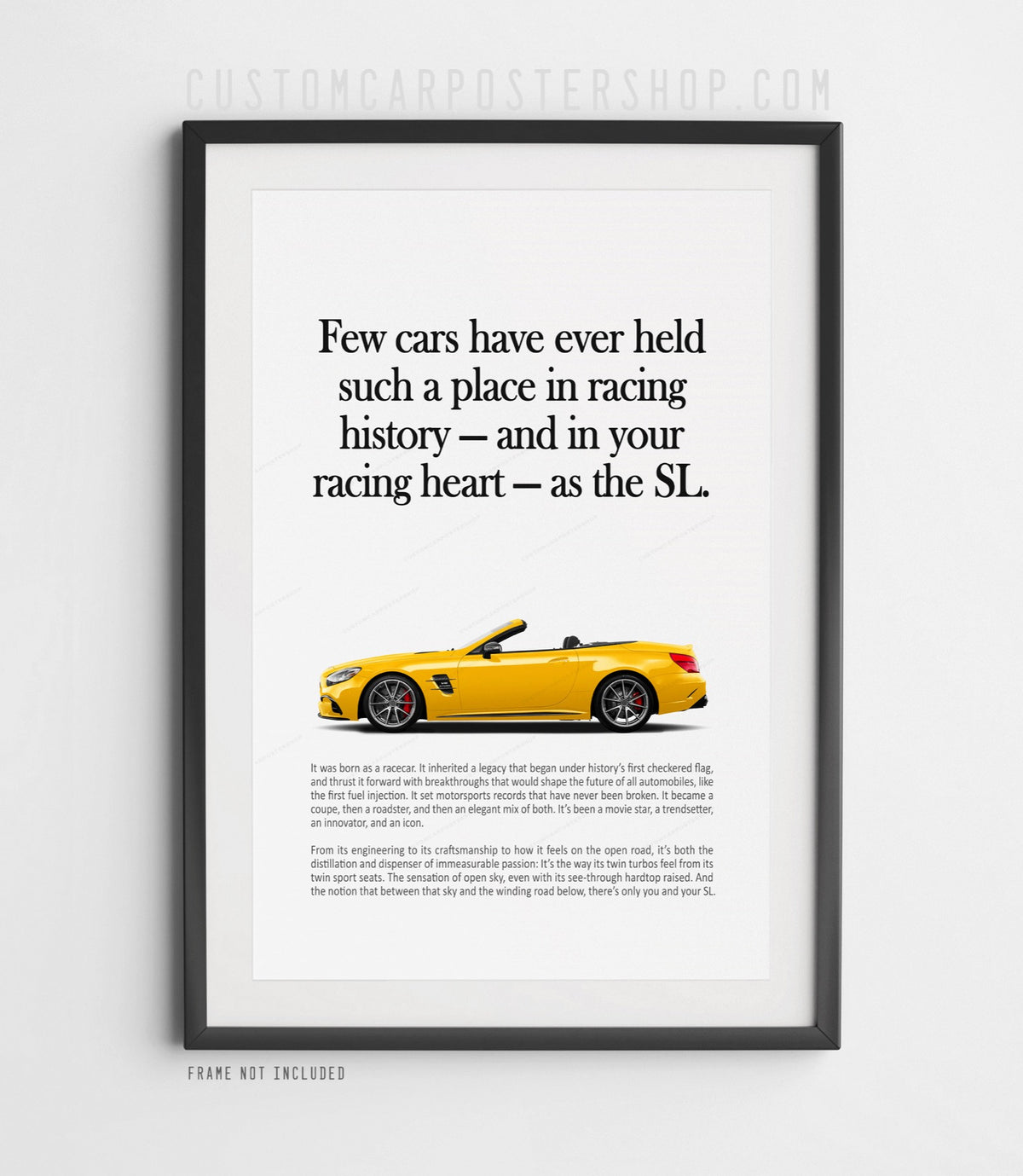Remastered Mercedes-Benz SL 63 AMG “Racing History” print advertisement poster featuring a yellow R231 roadster in side profile.