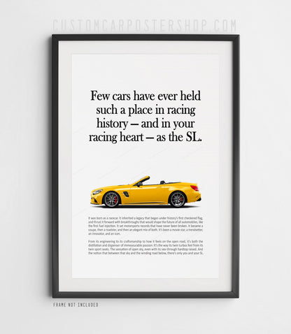 Remastered Mercedes-Benz SL 63 AMG “Racing History” print advertisement poster featuring a yellow R231 roadster in side profile.