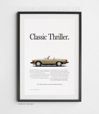 Mercedes-Benz 560SL remastered poster featuring a gold R107 convertible with “Classic Thriller.” headline in minimalist period-inspired styling