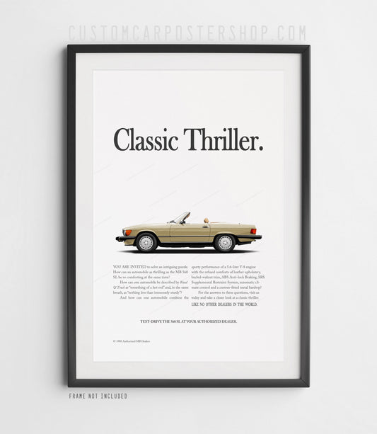 Mercedes-Benz 560SL remastered poster featuring a gold R107 convertible with “Classic Thriller.” headline in minimalist period-inspired styling