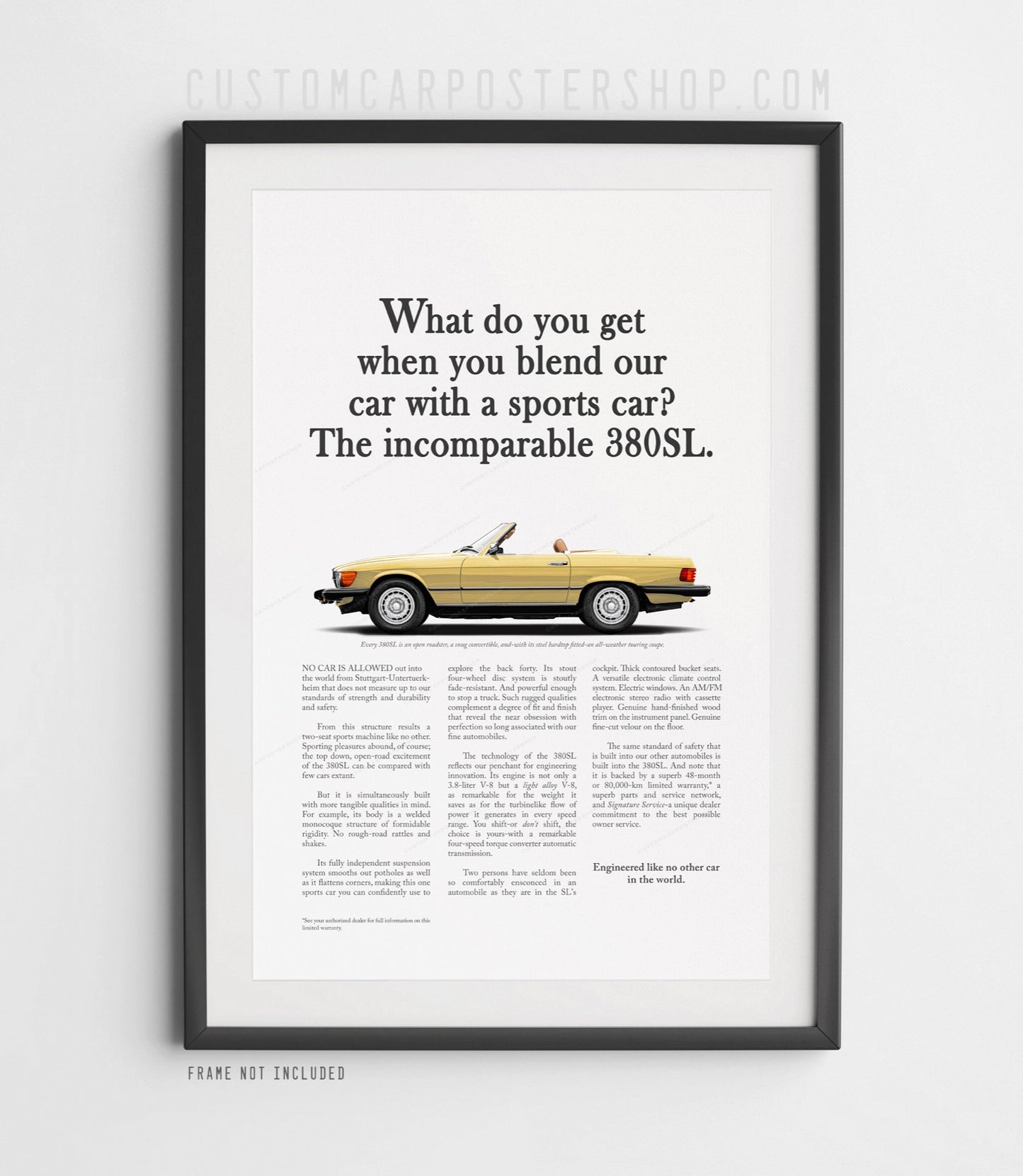 Classic Mercedes-Benz 380SL Poster Wall Art Framed Print for Garage and office decor.