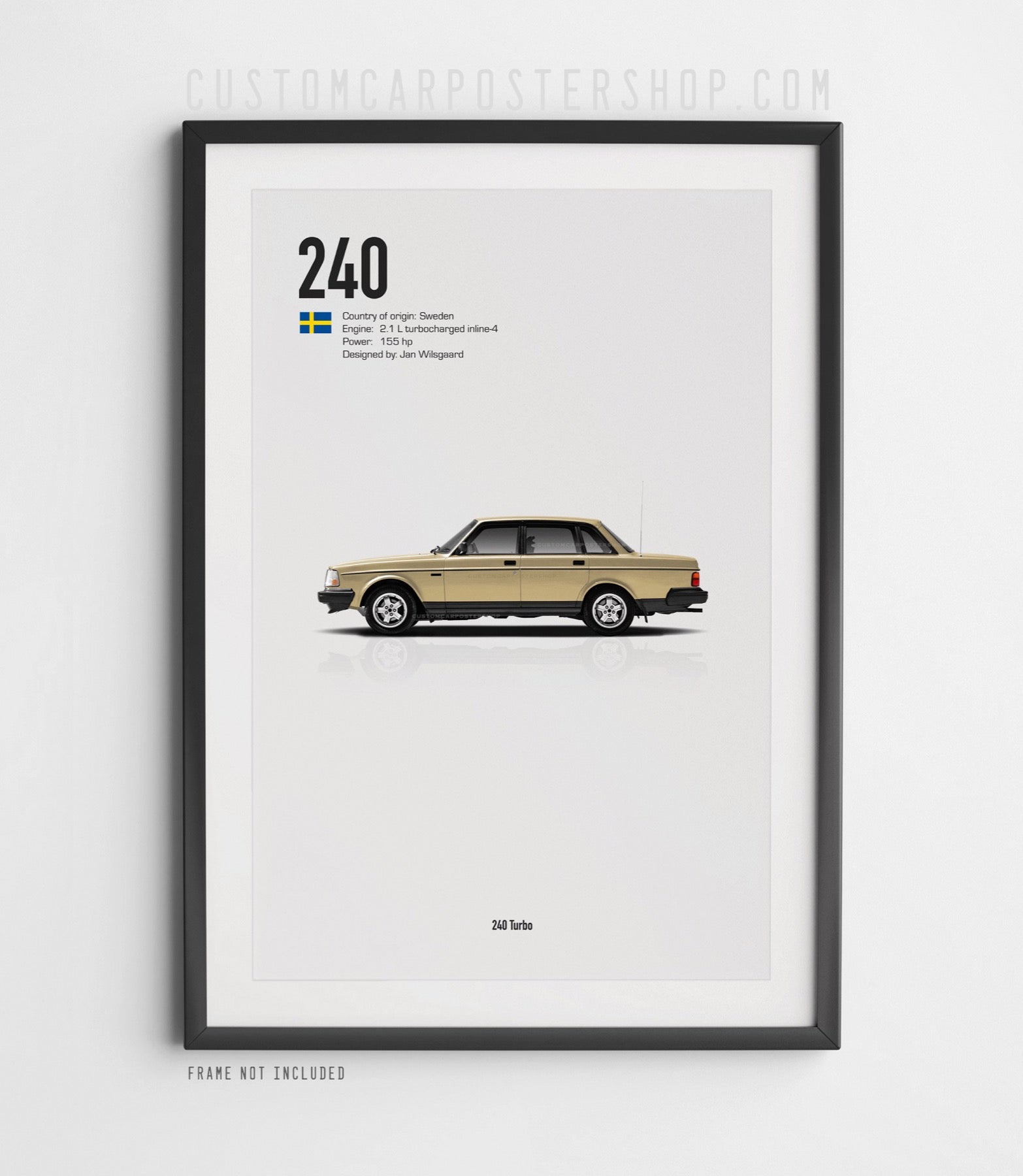 Side profile of Volvo 240 Turbo sedan poster with vehicle specs – minimalist wall art for vintage Volvo fans, garage or home decor print

