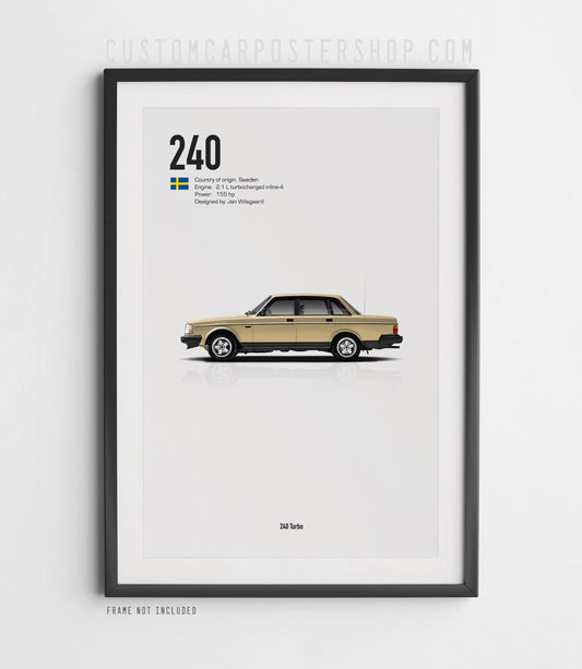 Side profile of Volvo 240 Turbo sedan poster with vehicle specs – minimalist wall art for vintage Volvo fans, garage or home decor print

