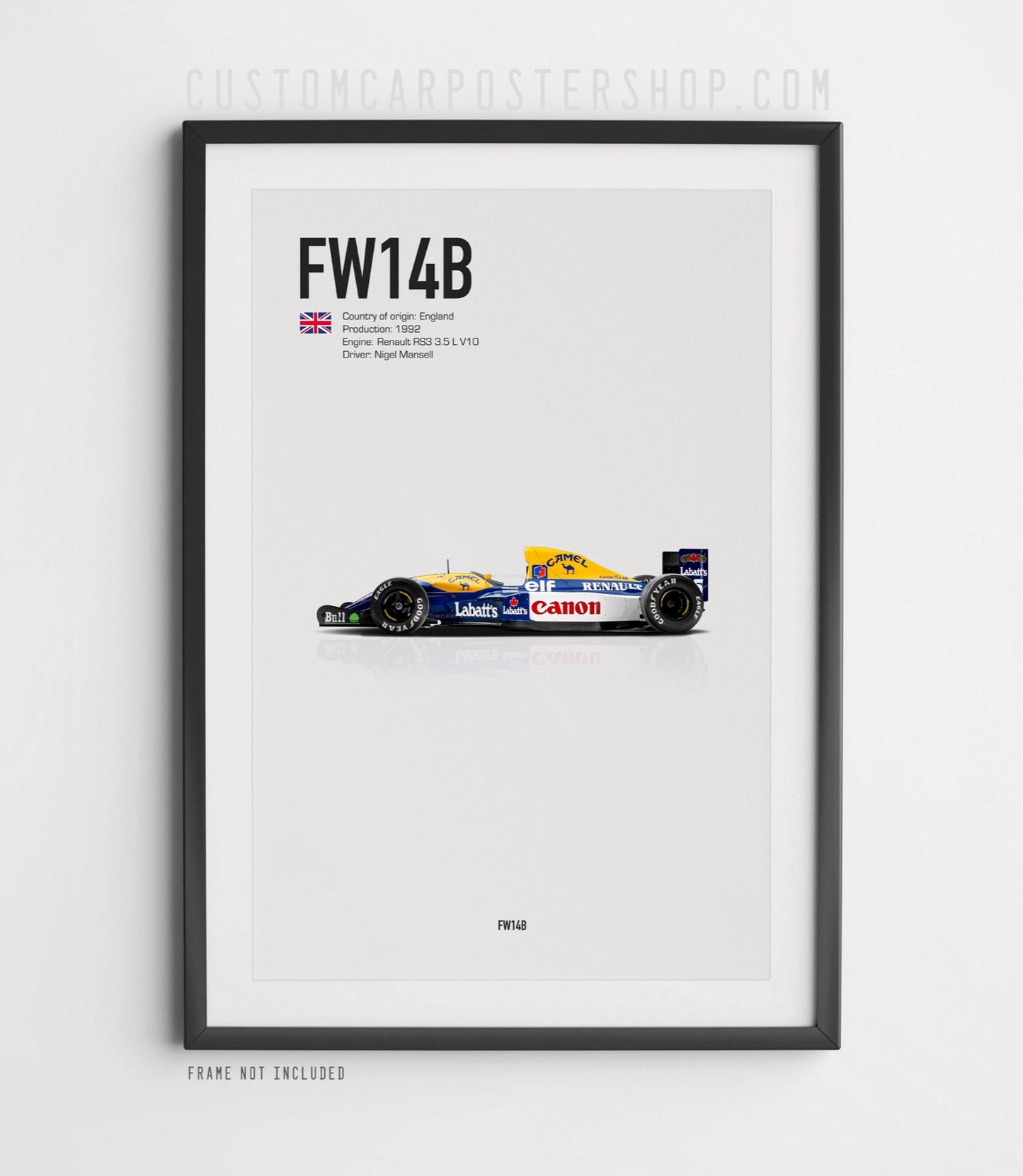 Poster of the 1992 Williams FW14B Formula 1 car driven by Nigel Mansell – side profile print featuring Renault V10 and iconic Canon livery