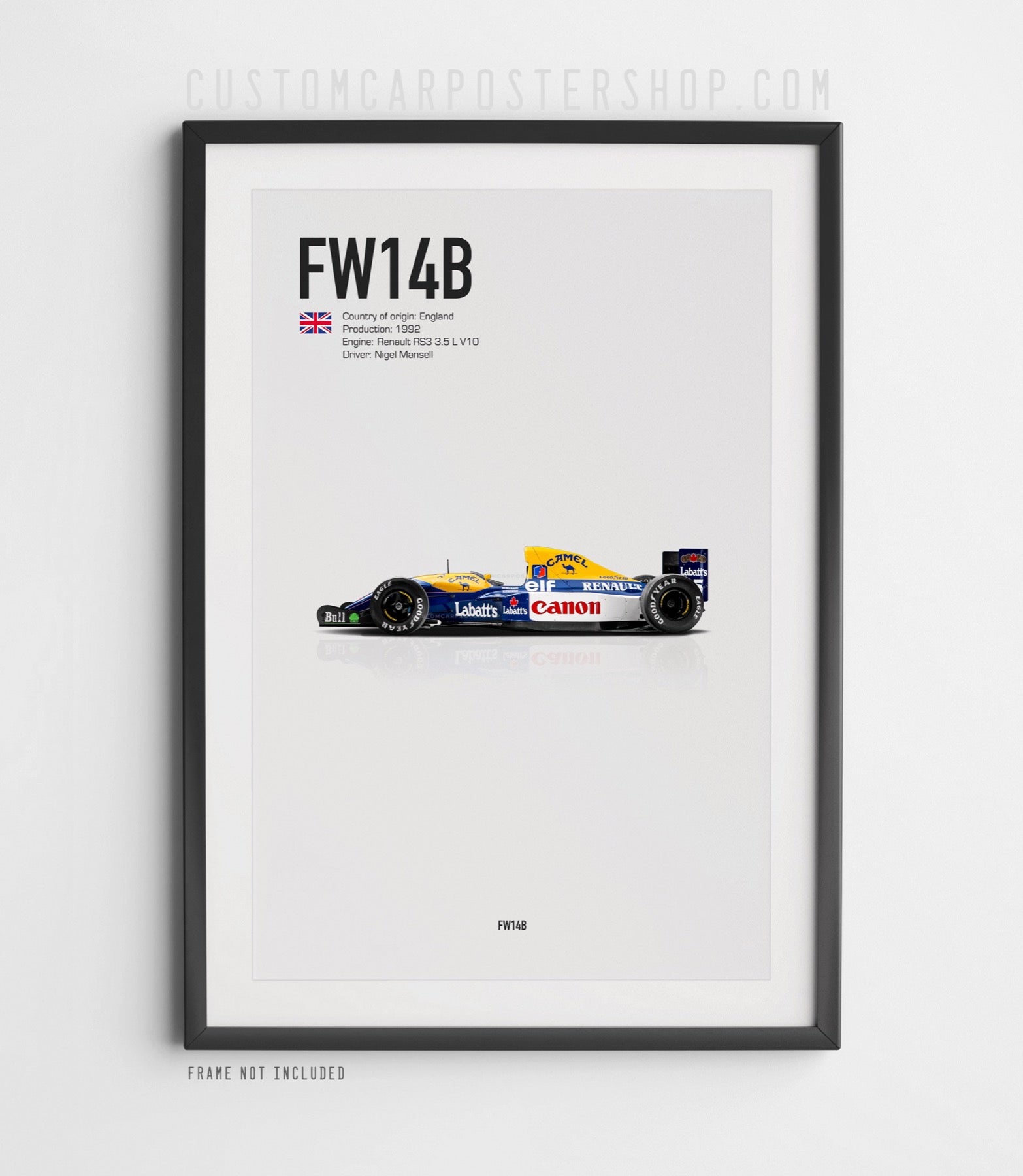 Poster of the 1992 Williams FW14B Formula 1 car driven by Nigel Mansell – side profile print featuring Renault V10 and iconic Canon livery