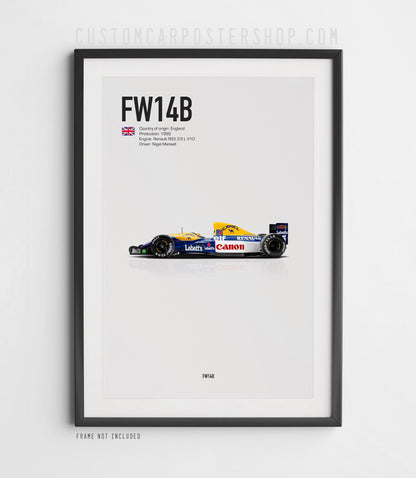 Poster of the 1992 Williams FW14B Formula 1 car driven by Nigel Mansell – side profile print featuring Renault V10 and iconic Canon livery