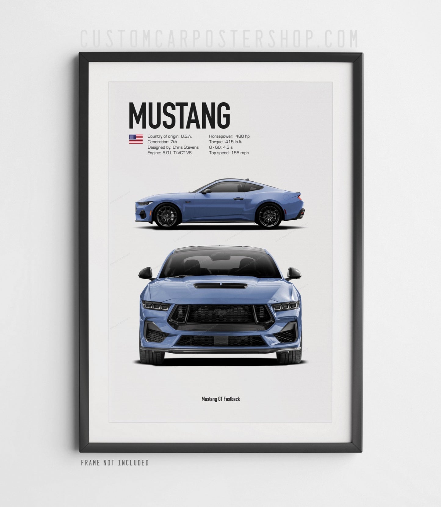 Custom 2025 Vapour Blue Ford Mustang GT Fastback print in 20x30". 