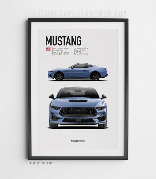 Custom 2025 Vapour Blue Ford Mustang GT Fastback print in 20x30". 