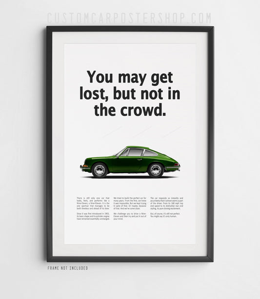 Porsche 911 Vintage Ad - Lost in Crowd Poster in a frame